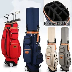 ACXZ Golf Travel Bag with 10 Way Dividers, Rain Cover, Cooler & Shoe Pocket, Wheels Dark Blue