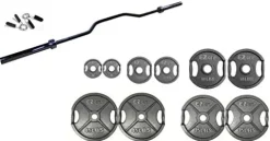 Ader Sporting Goods EZ Grip Weight Plates Set with 2″ Cambered Bench Press Bar 86” Black/Chrome/Grey