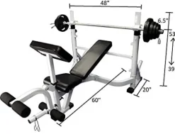 Ader Sporting Goods Olympic Universal White Bench w/Bar & 255lbs Gray Easy Grip Olympic Plates Set Black
