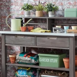 Afuera Living Traditional Wood Potting Bench with Steel Top Grey