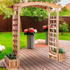 All Things Cedar 6-ft Cedar Garden Pagoda Arbor with Side Planters Red