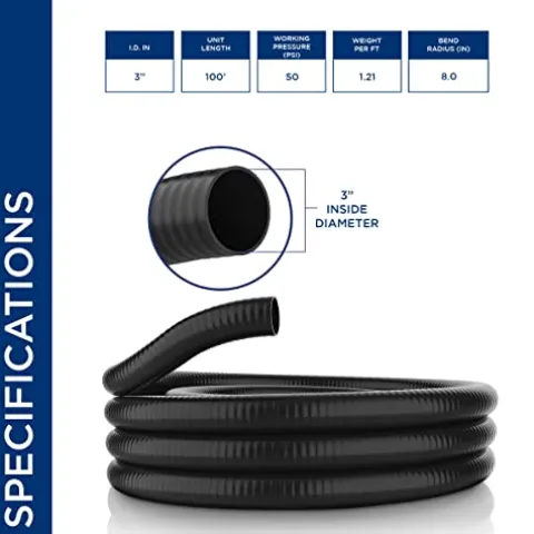 Alpine Corporation 100′ PVC Ultra-Flex Hose 3″ Inside Diameter Black