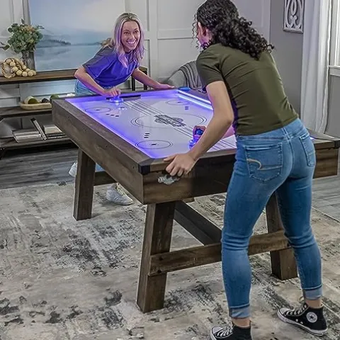 American Legend 72″ Austin Air Hockey Table LED Rails Modern Walnut Finish Electronic Scoring Grey