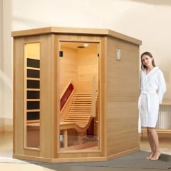 Amocane Infrared Hemlock Wooden Sauna Room with Recliner, Oxygen Bar, 1-2 Person, Left Sauna Room