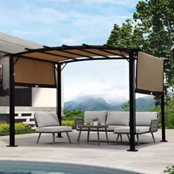 ANTSKU 12′ x 9′ Outdoor Pergola with Retractable Canopy Black Beige