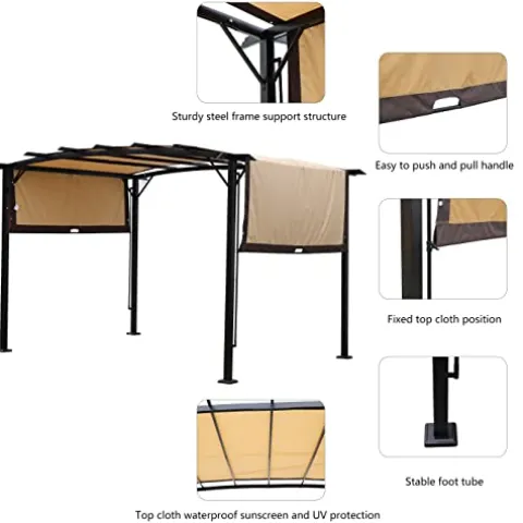 ANTSKU 12′ x 9′ Outdoor Pergola with Retractable Canopy Black Beige