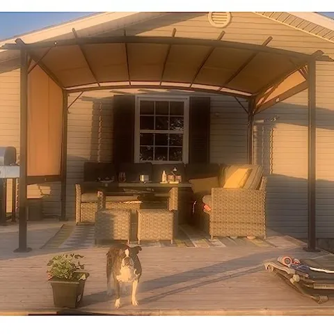 ANTSKU 12′ x 9′ Outdoor Pergola with Retractable Canopy Black Beige