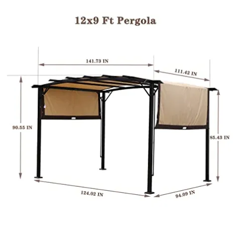 ANTSKU 12′ x 9′ Outdoor Pergola with Retractable Canopy Black Beige