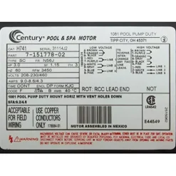 AO Smith Century Electric Three Phase Pool Motor 3HP 3450RPM