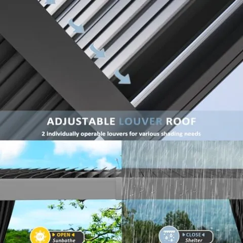 Aoxun Louvered Pergola 10x12ft Outdoor Aluminum Adjustable Roof Gray