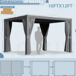 Aoxun Louvered Pergola 10x12ft Outdoor Aluminum Adjustable Roof Gray