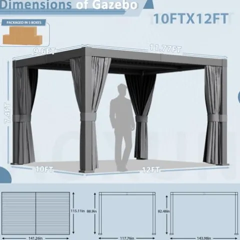 Aoxun Louvered Pergola 10x12ft Outdoor Aluminum Adjustable Roof Gray