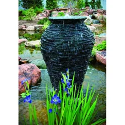 Aquascape Stacked Slate Urn Fountain Kit with Pump and Basin 32 Inches Tall Gray