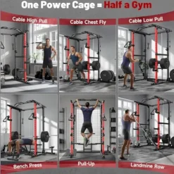 ARMAC 1500lbs Multi-Function Power Rack with Adjustable Cable Crossover Black+Red 01