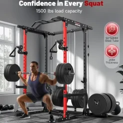 ARMAC 1500lbs Multi-Function Power Rack with Adjustable Cable Crossover Black+Red 01