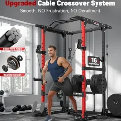 ARMAC 1500lbs Multi-Function Power Rack with Adjustable Cable Crossover Black+Red 01
