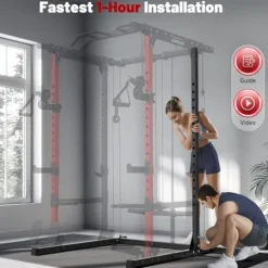 ARMAC 1500lbs Multi-Function Power Rack with Adjustable Cable Crossover Black+Red 01