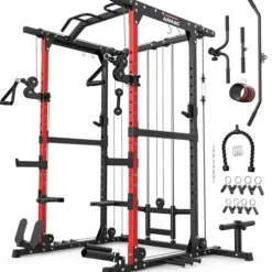 ARMAC 1500lbs Multi-Function Power Rack with Adjustable Cable Crossover Black+Red 01