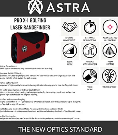 ASTRA OPTIX Golf Laser Rangefinder PRO X-1 Red OLED Display with Slope and PinLock 6×21 1760yd