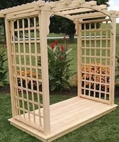 Backyard Crafts Amish-Made Cambridge Style Pine Arbor with Deck – 4′ Wide Walkthrough Redwood Stain