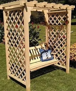 Backyard Crafts Amish-Made Covington Style Pine Arbor with Swing 6′ Wide Mushroom Stain