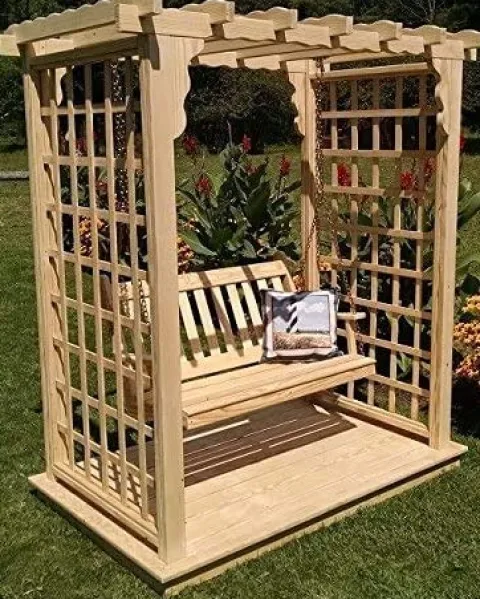 Backyard Crafts Amish-Made Lexington Style Pine Arbor with Deck & Swing 6′ Wide Walnut Stain