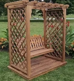 Backyard Crafts Amish-Made Covington Style Pine Arbor with Deck & Swing 5′ Wide Oak Stain