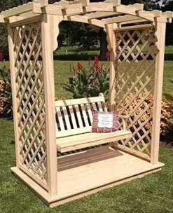 Backyard Crafts Amish-Made Jamesport Style Pine Arbor with Deck & Swing 5′ Wide Redwood Stain
