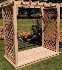 Backyard Crafts Amish-Made Covington Style Cedar Arbor with Deck 6′ Wide Cedar Stain