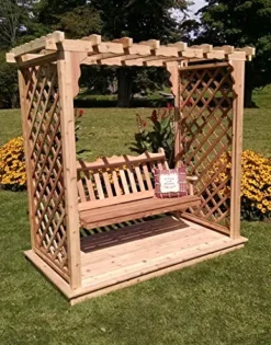 Backyard Crafts Amish-Made Covington Style Cedar Arbor with Deck & Swing 6′ Wide Natural Stain