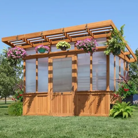 Backyard Discovery Poppy 11′ x 7′ Cedar Wood Greenhouse Kit Light Brown