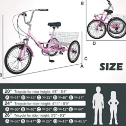 Barbella Adult Folding Tricycles 7 Speed 20/24/26 Inch 3 Wheel Cruiser Bike Light Pink