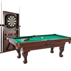 BARRINGTON 90″ Ball and Claw Leg Pool Table with Cue Rack and Dartboard Set Green Cloth