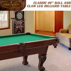 BARRINGTON 90″ Ball and Claw Leg Pool Table with Cue Rack and Dartboard Set Green Cloth
