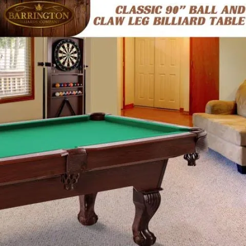 BARRINGTON 90″ Ball and Claw Leg Pool Table with Cue Rack and Dartboard Set Green Cloth