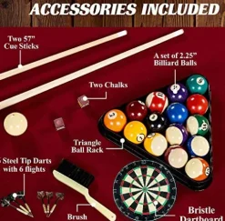 BARRINGTON 90 Inch Ball and Claw Leg Billiard Pool Table with Bonus Cue Rack and Dartboard Set Red