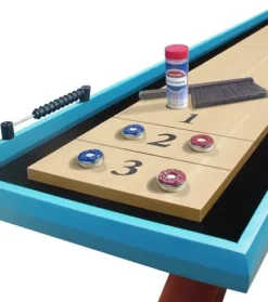 Beneouya Shuffleboard Table Curved Base Blue Top with 8 Pucks
