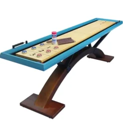 Beneouya Shuffleboard Table Curved Base Blue Top with 8 Pucks