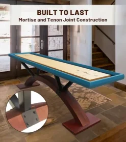 Beneouya Shuffleboard Table Curved Base Blue Top with 8 Pucks