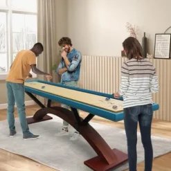 Beneouya Shuffleboard Table Curved Base Blue Top with 8 Pucks
