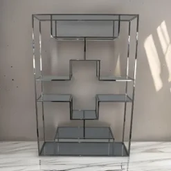 Benzara Adena 76 Inch Tall Plant Stand Geometric Style Metal Shelves Silver