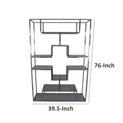 Benzara Adena 76 Inch Tall Plant Stand Geometric Style Metal Shelves Silver