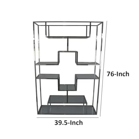 Benzara Adena 76 Inch Tall Plant Stand Geometric Style Metal Shelves Silver