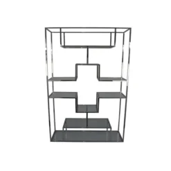 Benzara Adena 76 Inch Tall Plant Stand Geometric Style Metal Shelves Silver