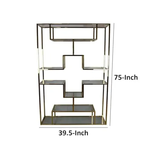 Benzara Adena 75 Inch Tall Plant Stand Geometric Metal Shelves Gold