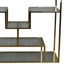 Benzara Adena 75 Inch Tall Plant Stand Geometric Metal Shelves Gold