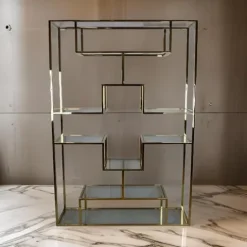 Benzara Adena 75 Inch Tall Plant Stand Geometric Metal Shelves Gold