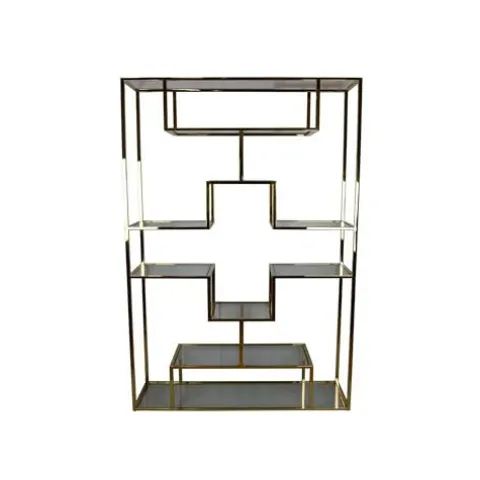 Benzara Adena 75 Inch Tall Plant Stand Geometric Metal Shelves Gold