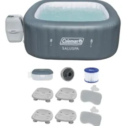 Bestway Coleman Hawaii AirJet Inflatable Hot Tub with EnergySense Cover Gray + SaluSpa Spa Seat & Pillows