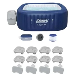 Bestway Coleman Hawaii AirJet Inflatable Hot Tub with EnergySense Cover Blue + SaluSpa Spa Seat 6 Pack + SaluSpa Pillows 3 Pack